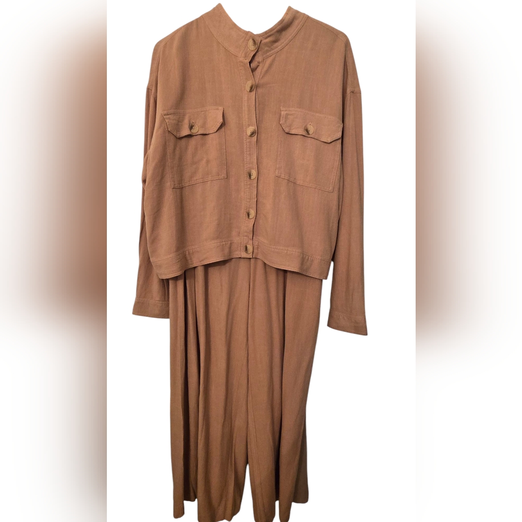 Tribal Jeans Linen Blend Jacket And Palazzo Wide Leg Pants Set Caramel Color